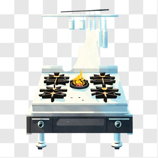 Download kitchen stove with fire and cooking utensils png online