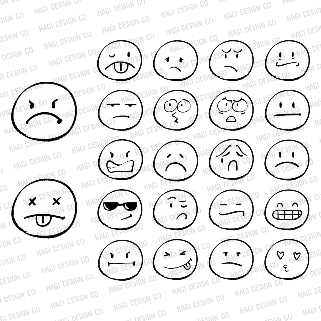 Emoji cliparts black and white emojis emotions emoticon anthropomorphic smiley face icon set outline line art hand drawn displeased