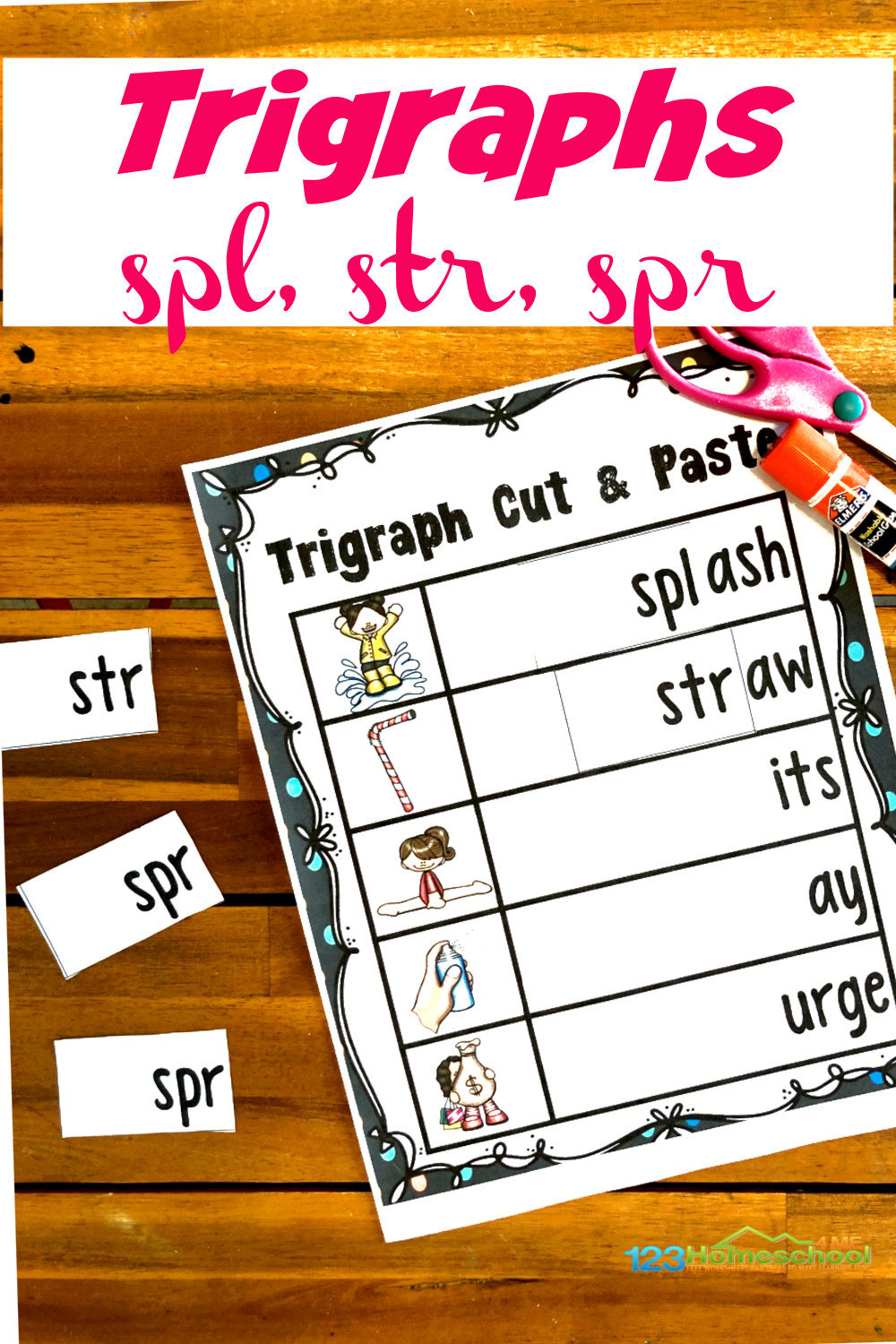 Free printable cut and paste trigraphs worksheets