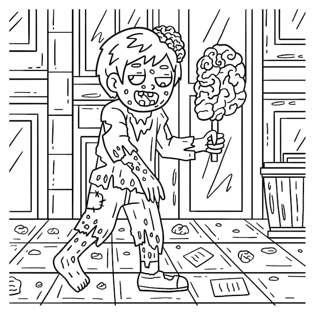 Premium vector a cute and funny coloring page of a zombie eating brain on a stick provides hours of coloring fun for children to color this page is very easy suitable