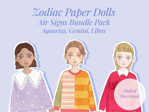 Paper doll printable pdf little fashionista coloring pages toys kid craft air signs bundle zodiac paper dolls aquarius gemini libra