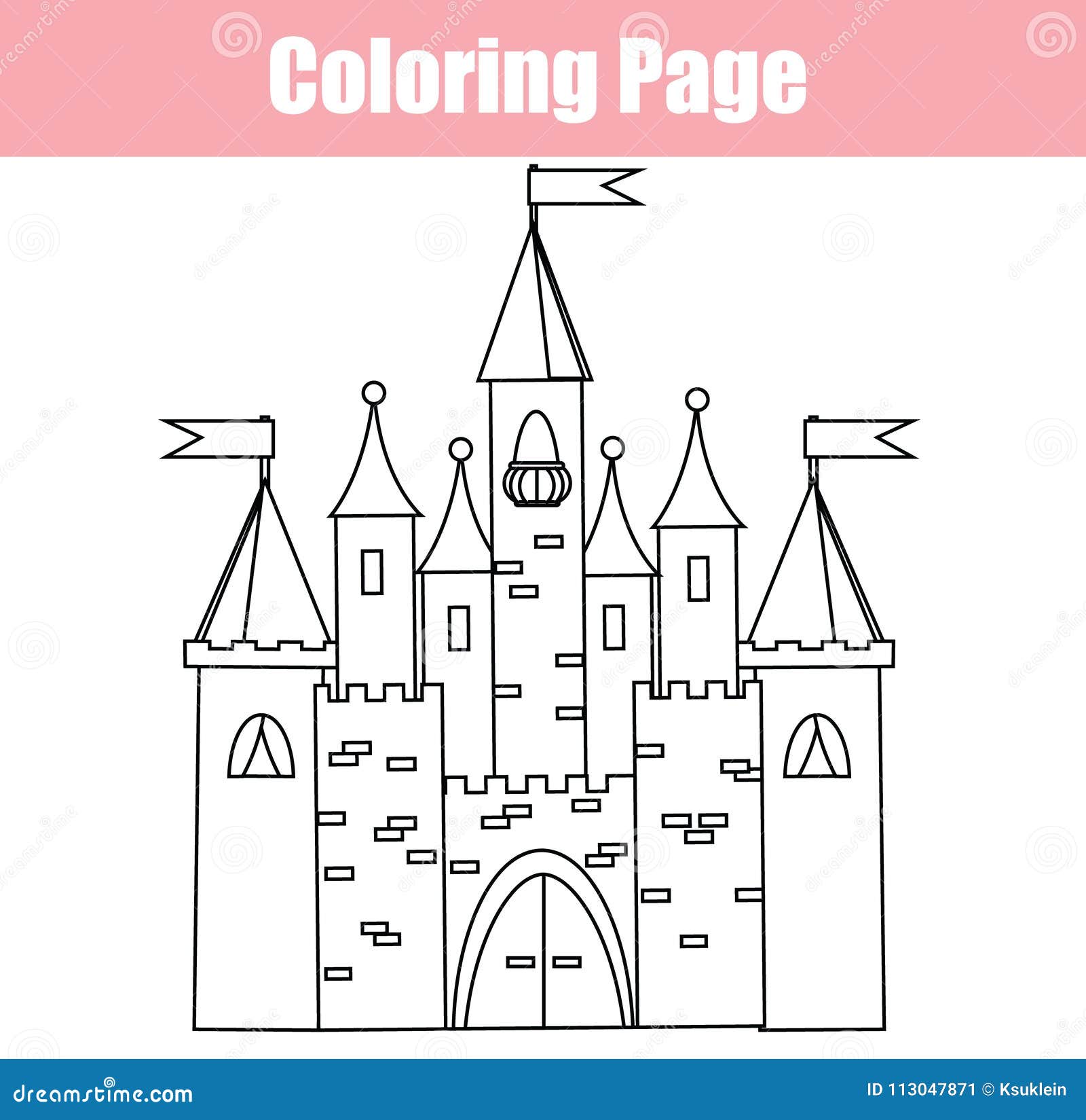 Coloring page educational children game fairy castle drawing kids printable activity stock vector