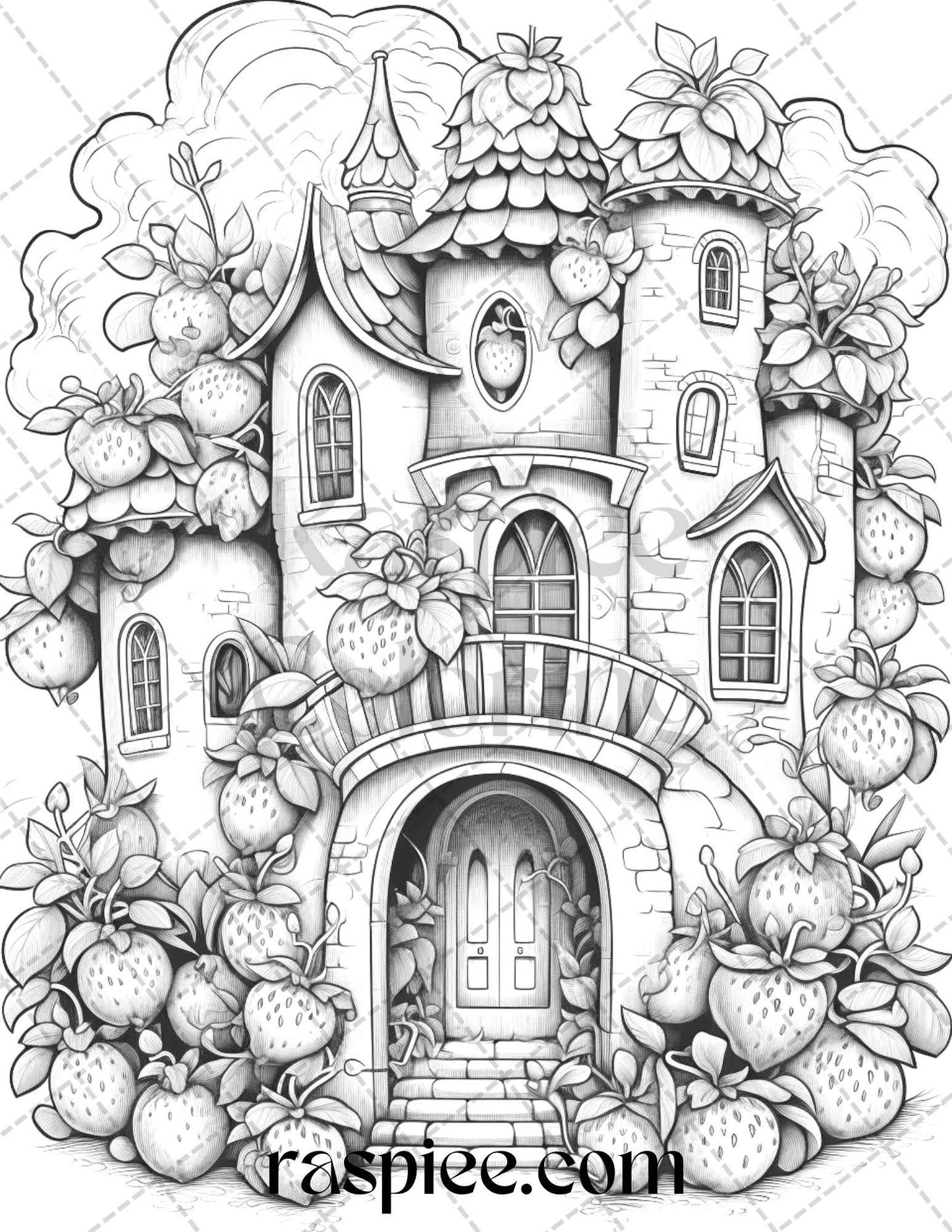 Strawberry houses grayscale coloring pages printable for adults kid grayscale coloring coloring pages adult coloring animals