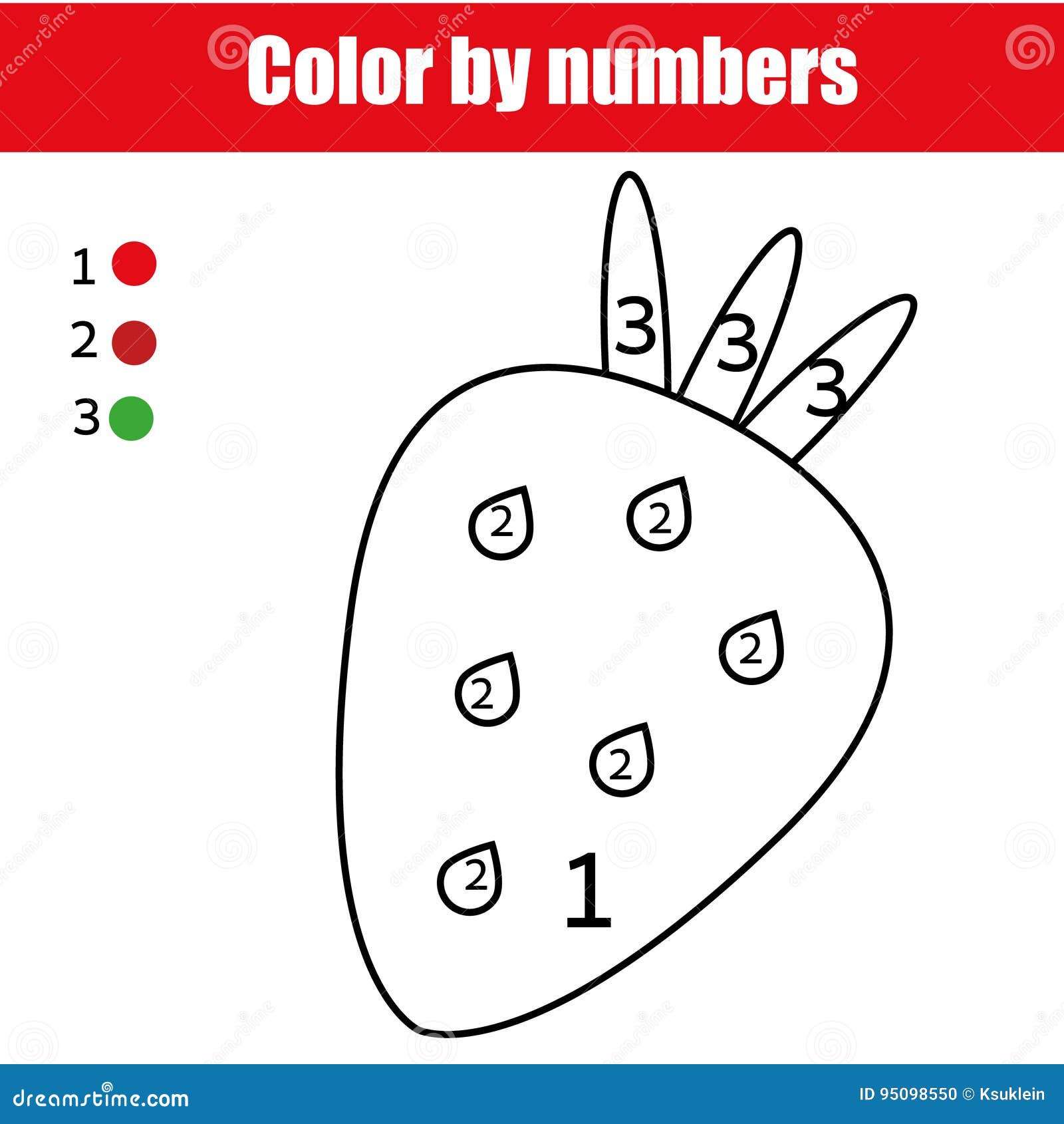 Coloring page with strawberry color by numbers educational children game drawing kids activity stock vector