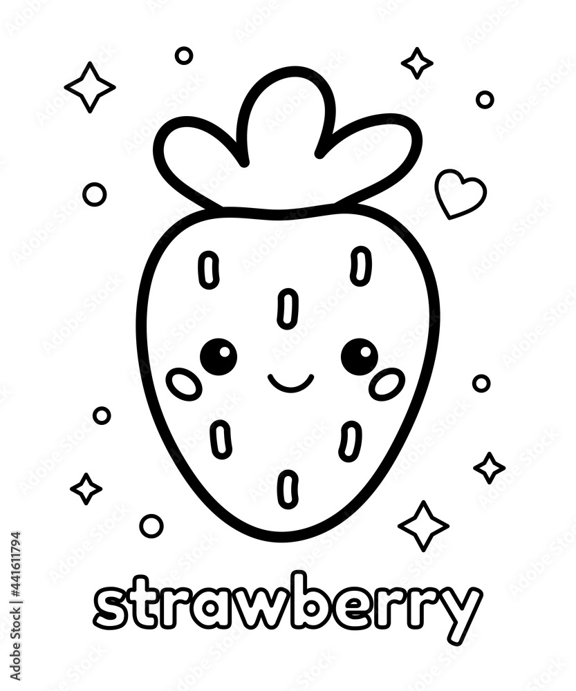 Coloring page for preschool kids cute cartoon kawaii strawberry healthy food learn english words for children vector outline illustration vector