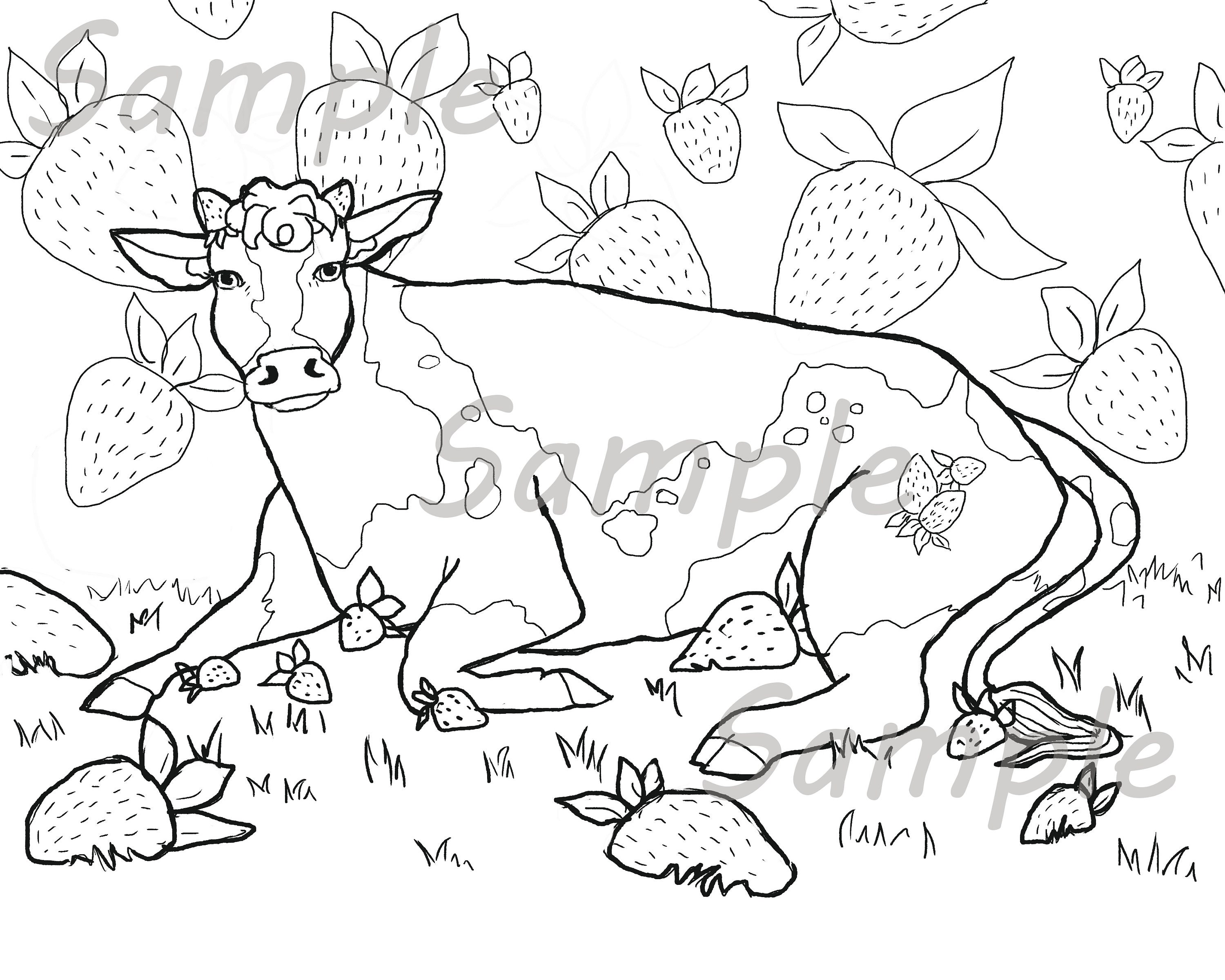 Strawberry cow downloadable coloring page instant download