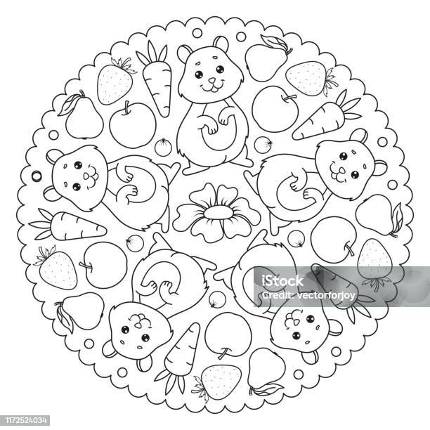 Coloring page mandala with hamster carrot apple strawberry pear flower vector illustration stock illustration