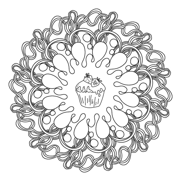 Premium vector contour mandala with splash and strawberry cupcake in the center coloring page