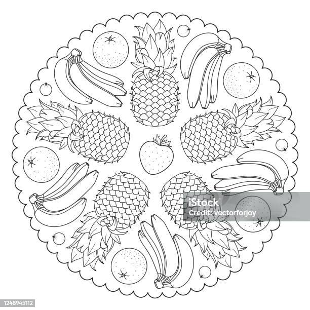 Coloring page mandala with pineapple orange banana strawberry blue currant stock illustration