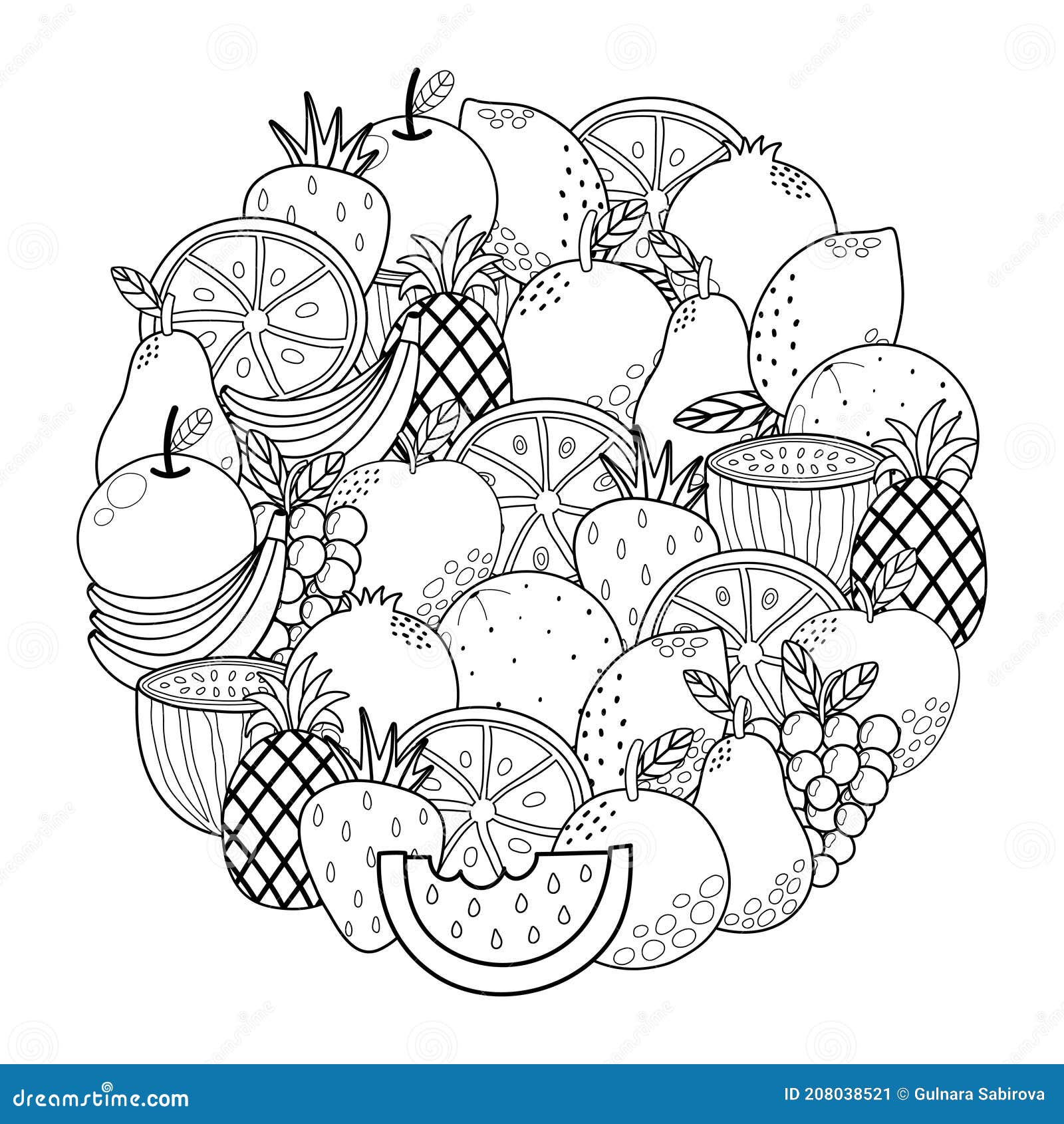 Circle shape coloring page with fruits black and white outline background stock vector