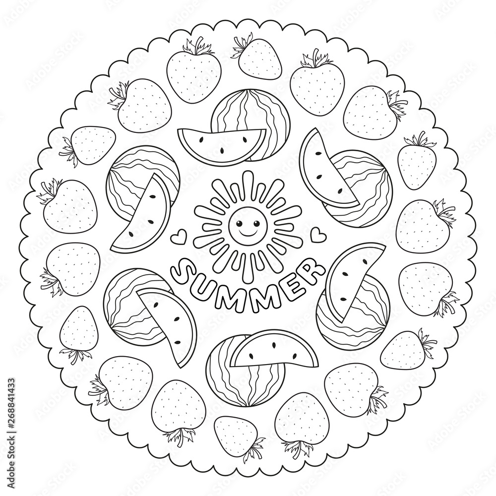 Coloring page mandala for kids with summer strawberries and watermelon vector illustration vector