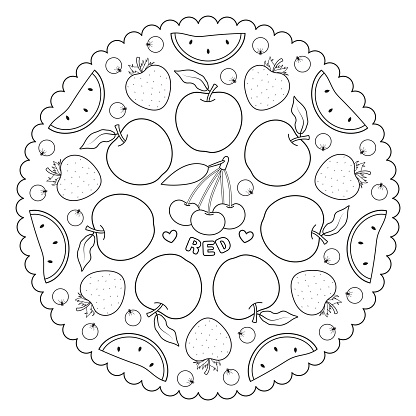 Coloring page mandala for kids with red color apple strawberries cherries and watermelon learning colors vector illustration stock illustration