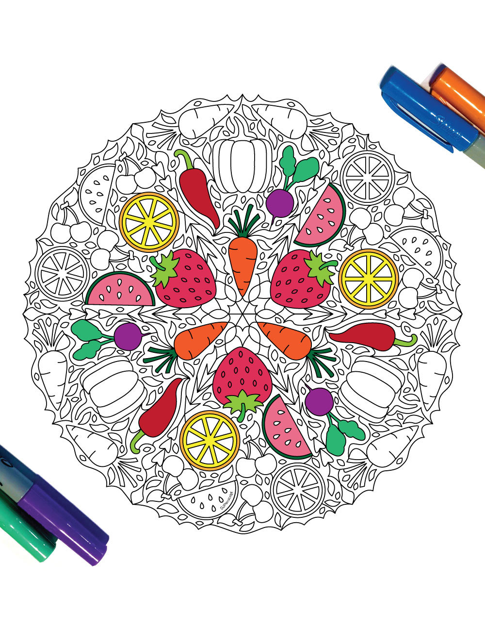 Fruits and vegetables mandala â pdf zentangle coloring page â scribble stitch