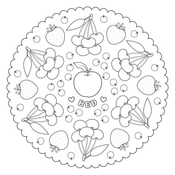 Coloring page mandala for kids with red color apple strawberries cherries and watermelon learning colors vector illustration stock illustration