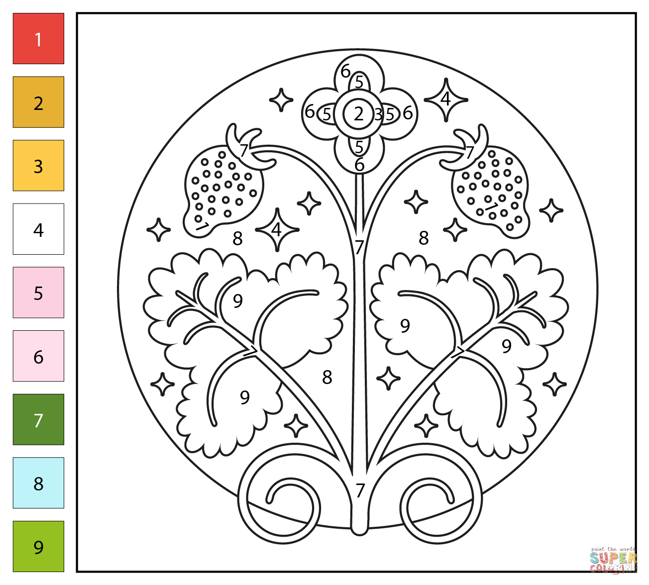 Strawberry color by number free printable coloring pages