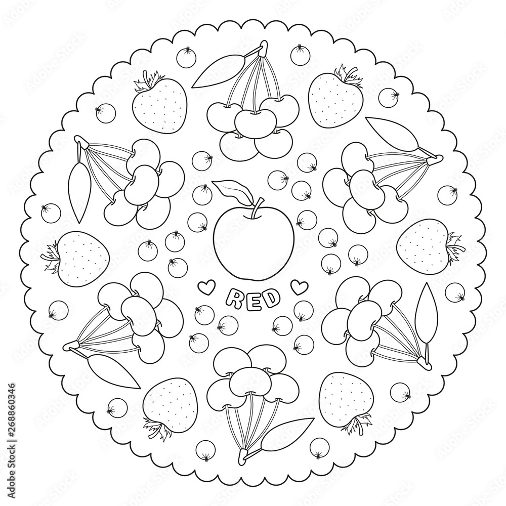 Coloring page mandala for kids with red apple strawberries cherries and watermelon vector illustration vector