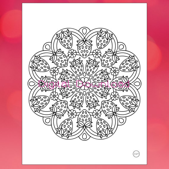 Digital download strawberry mandala coloring page strawberry design adult coloring book instant download strawberry art