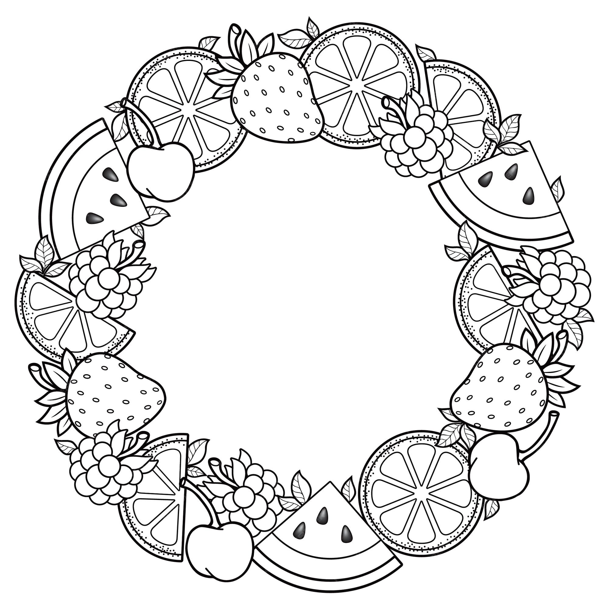 Premium vector coloring book for adult round frame of watermelon strawberries citrus cherries and strawberries black and white