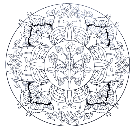 Mandala with butterflies and strawberry coloring page free printable coloring pages