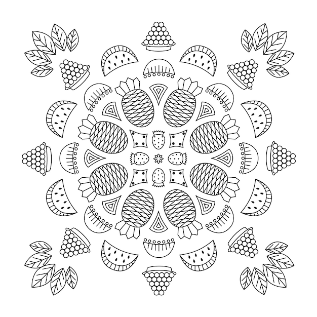 Premium vector round fruit pattern coloring page with food and leaves pineapple strawberry watermelon grapes