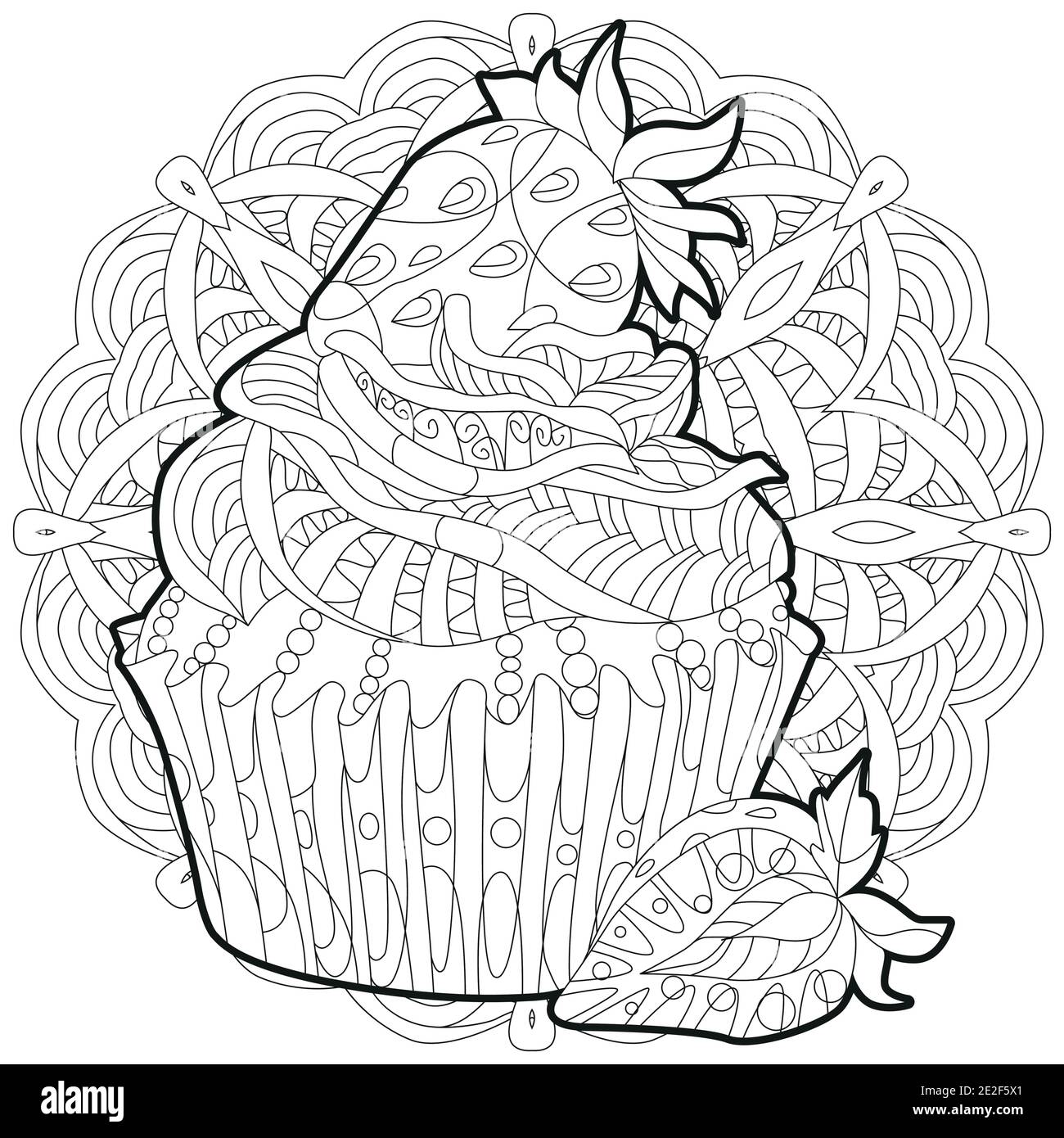 Vector piece of cake with strawberry on a patterned round substrate for coloring hand drawn illustration for t