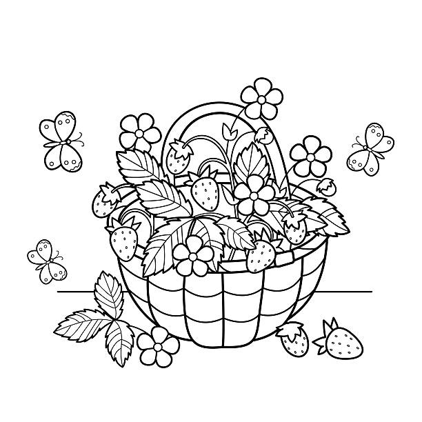 Coloring page outline of cartoon basket of strawberries for kids stock illustration