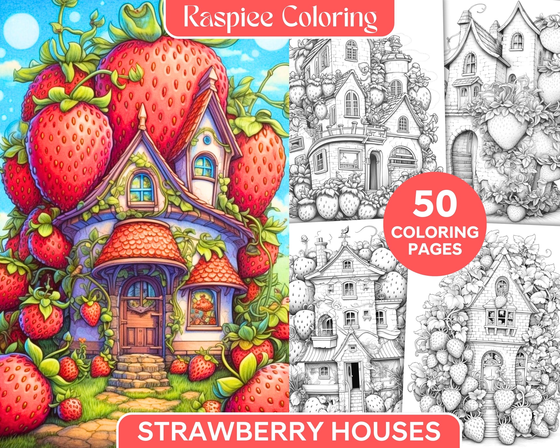 Strawberry houses grayscale coloring pages printable for adults kid â coloring