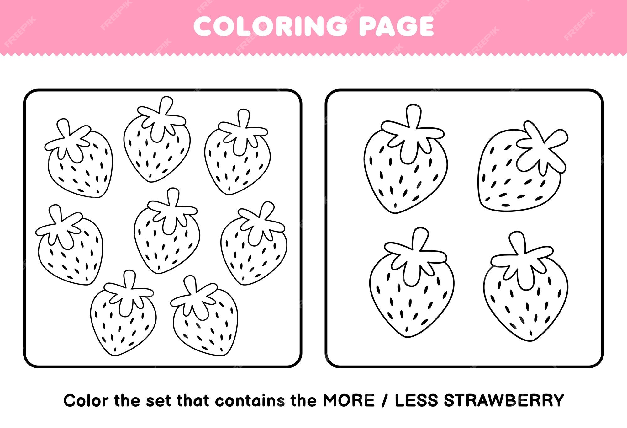 Premium vector education game for children coloring page more or less picture of cartoon strawberry fruit line art set printable worksheet