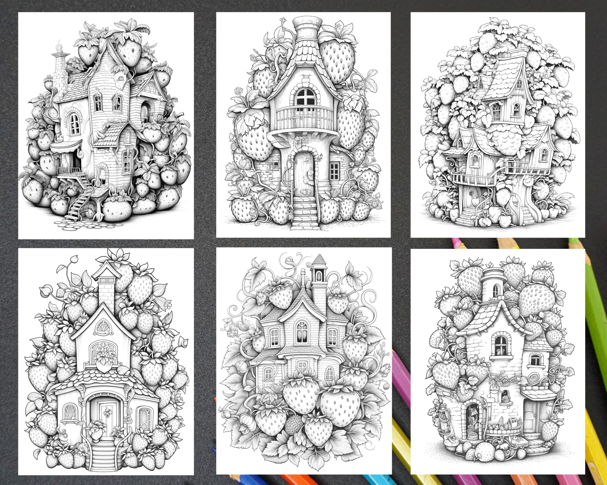 Strawberry houses grayscale coloring pages printable for adults kid â coloring