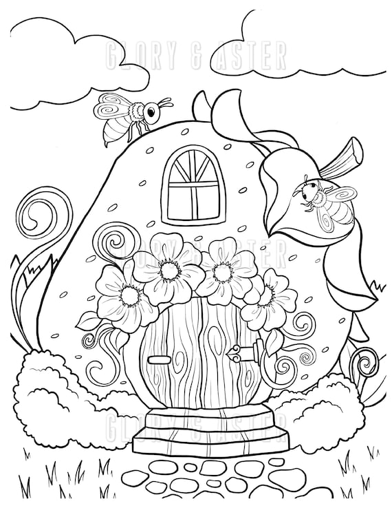 Strawberry fairy house coloring page coloring sheets magic mushroom instant download fantasy coloring adult coloring book instant download