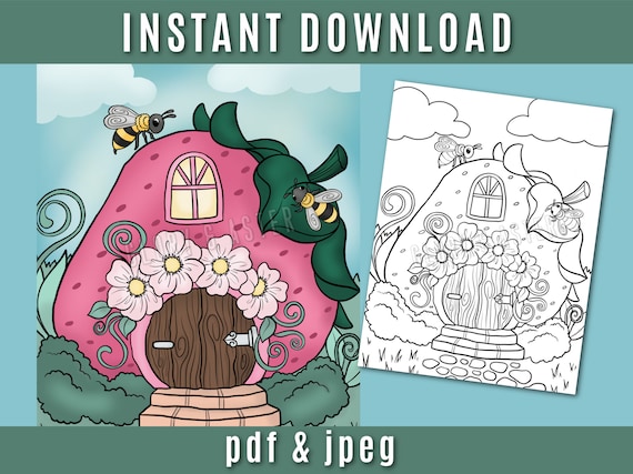 Strawberry fairy house coloring page coloring sheets magic mushroom instant download fantasy coloring adult coloring book instant download