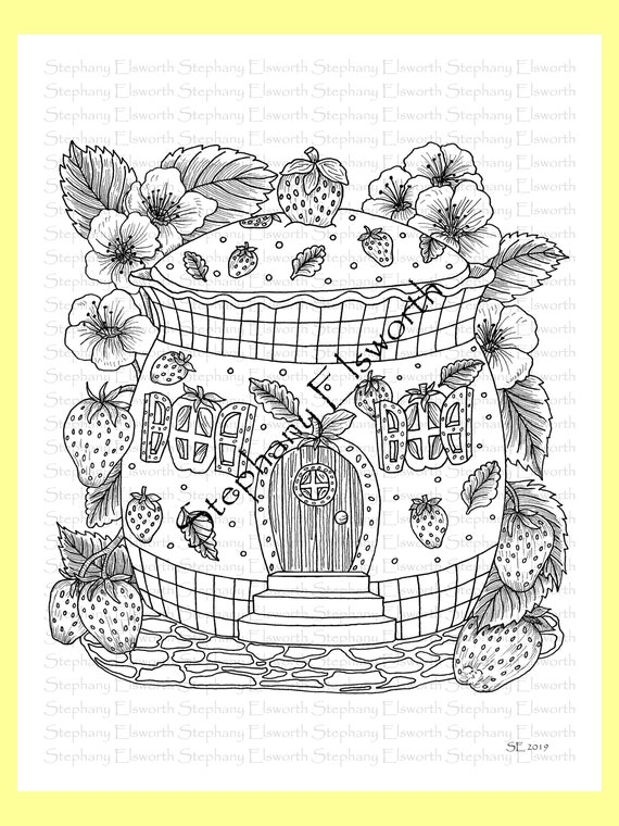 Strawberry patch fairy cottage x printable instant download coloring page