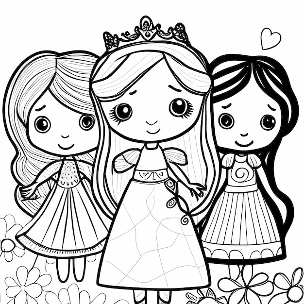 Premium ai image magical princess and friends printable coloring pages with thin lines for kids