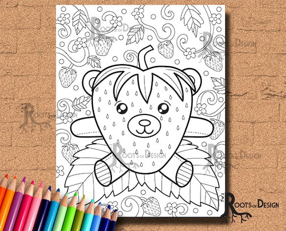 Instant download cute strawberry bear strawbeary coloring coloring page print doodle art printable