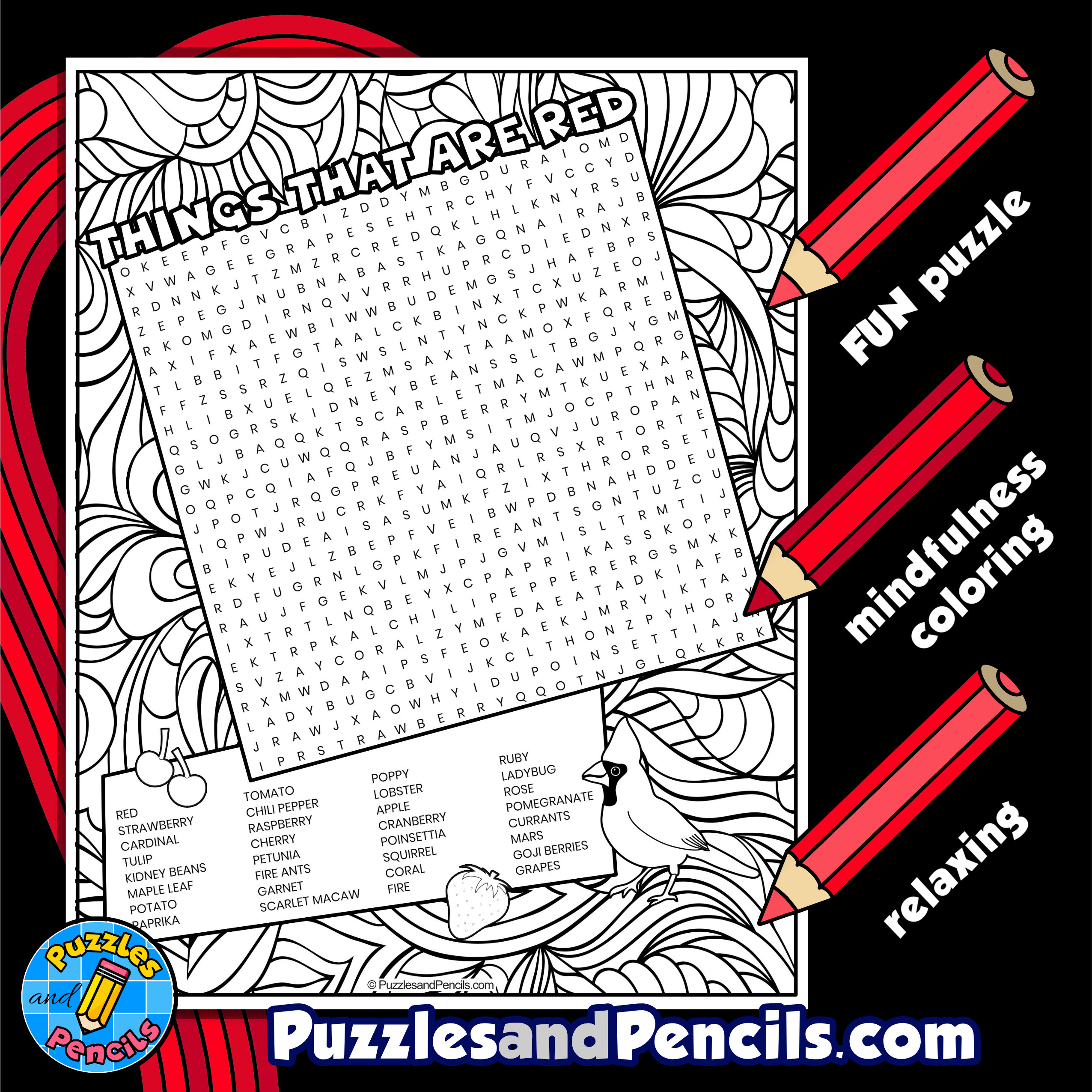 Things that are red word search puzzle with coloring wordsearch made by teachers