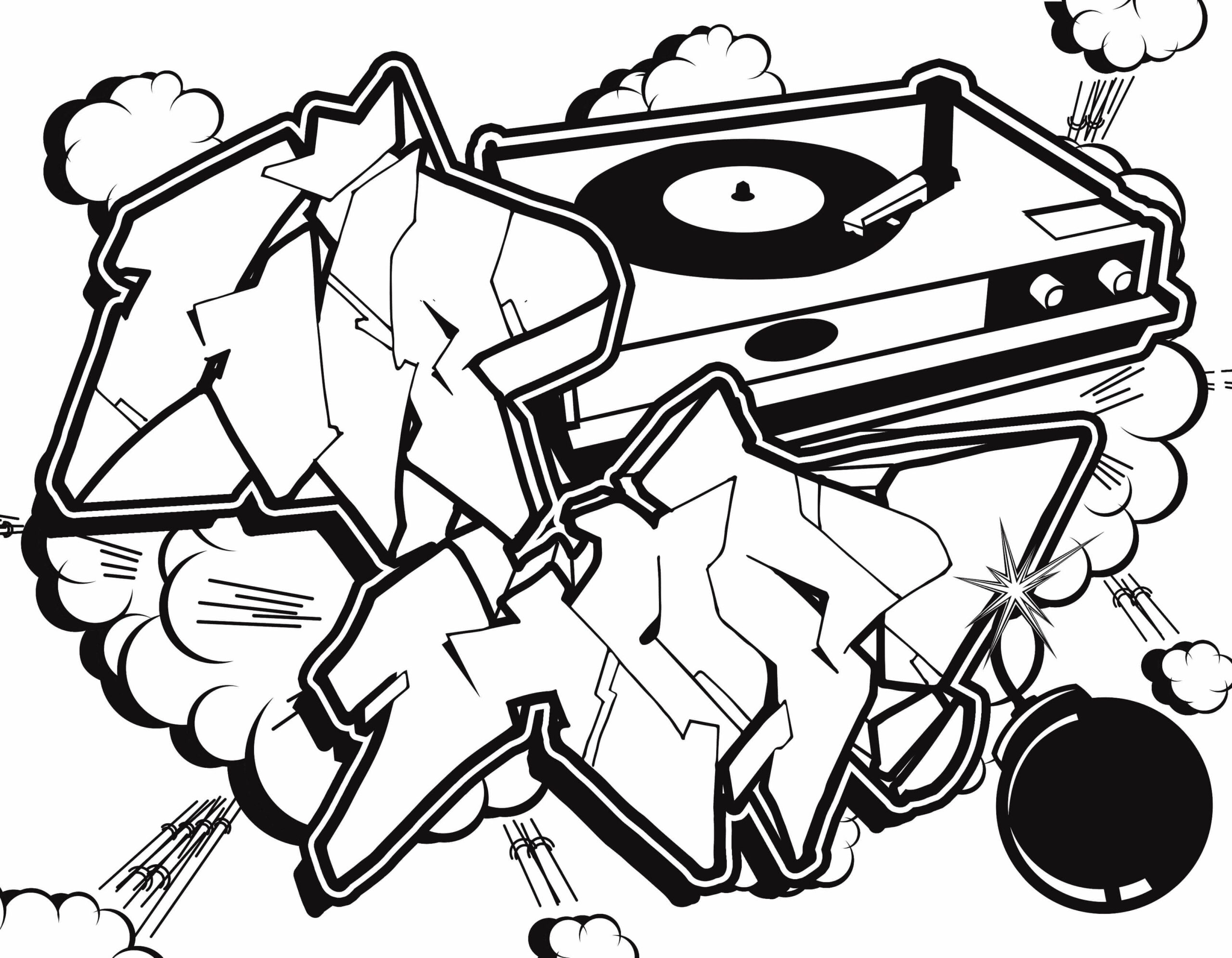 Interesting graffiti with music player coloring page