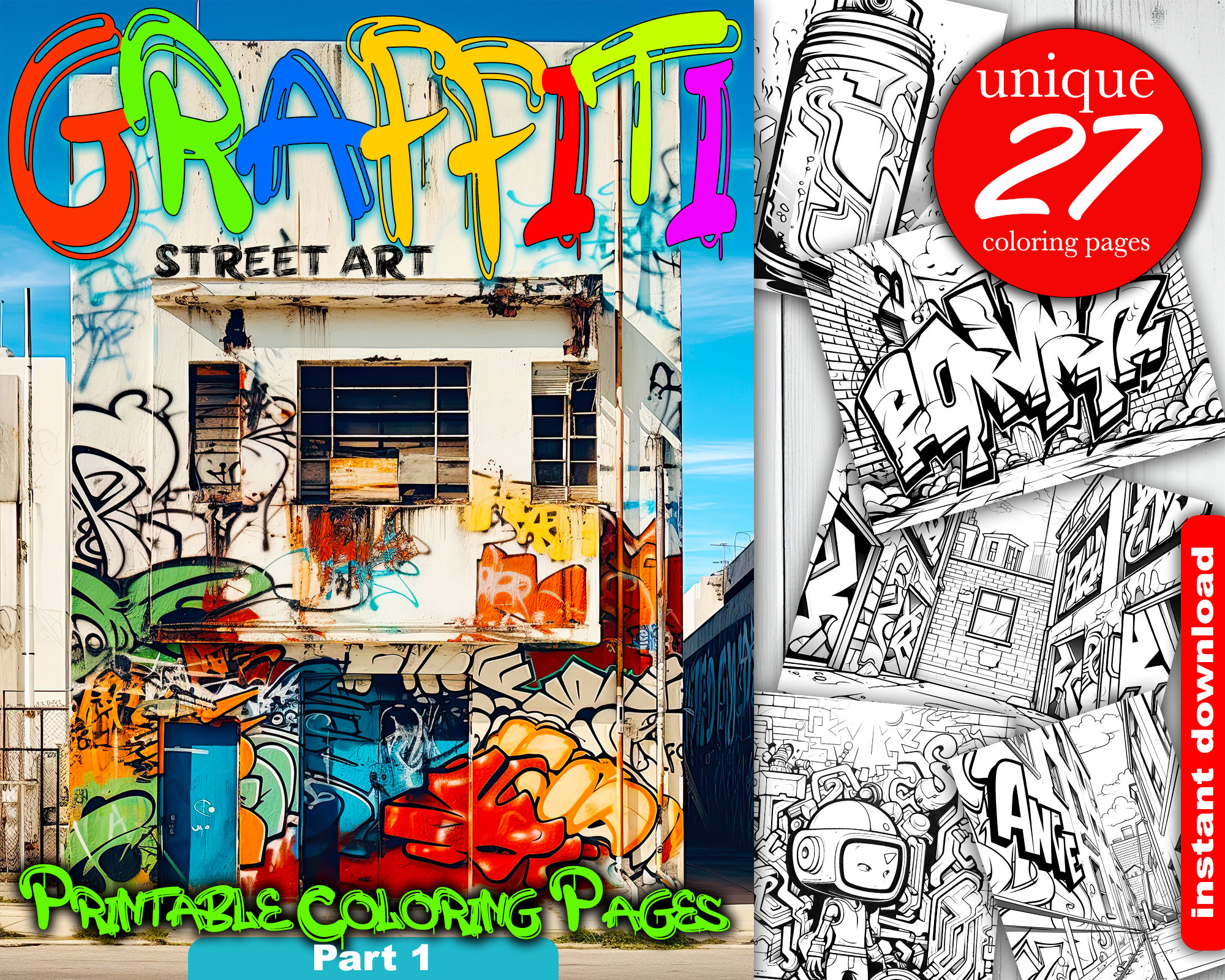 Graffiti street art wall art coloring book adults coloring printable page part