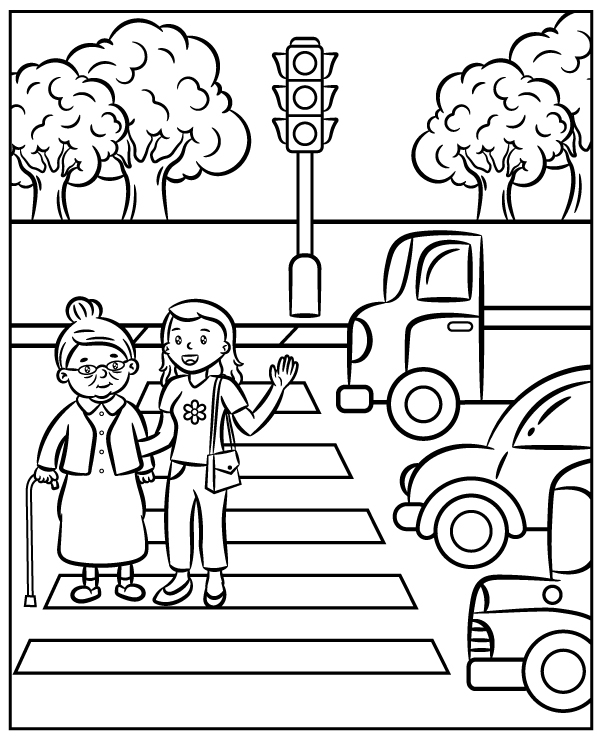 Helping crossing the street coloring sheet