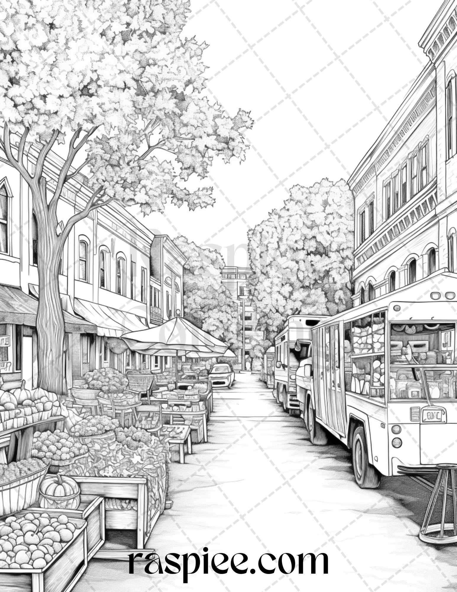 Autumn street markets grayscale coloring pages for adults printable p â coloring