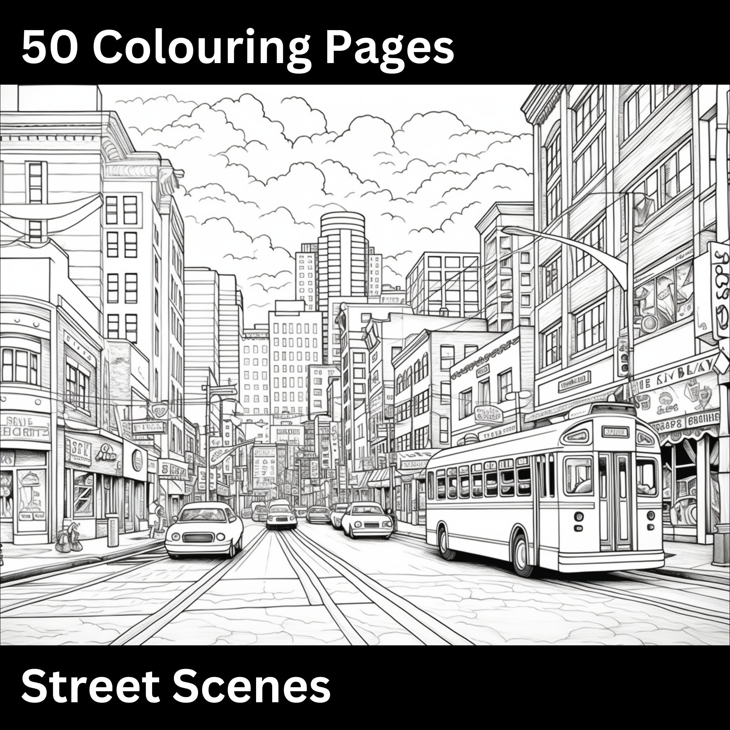 Street scenes colouring pages for adults urban city streets with people empty village streets