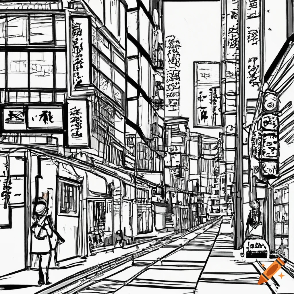 Draw coloring page black and white a bustling street scene in tokyo with neon signs busy pedestrians and traditional japanese architecture on