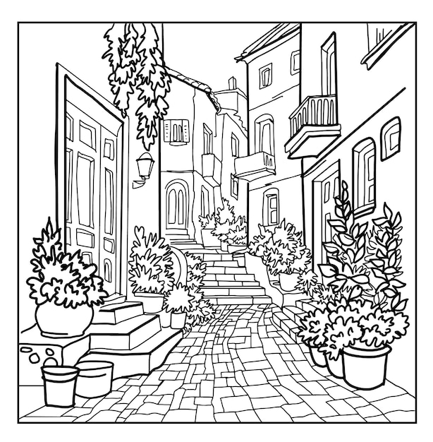 Premium vector coloring book lovely cozy old seaside street vector art line background