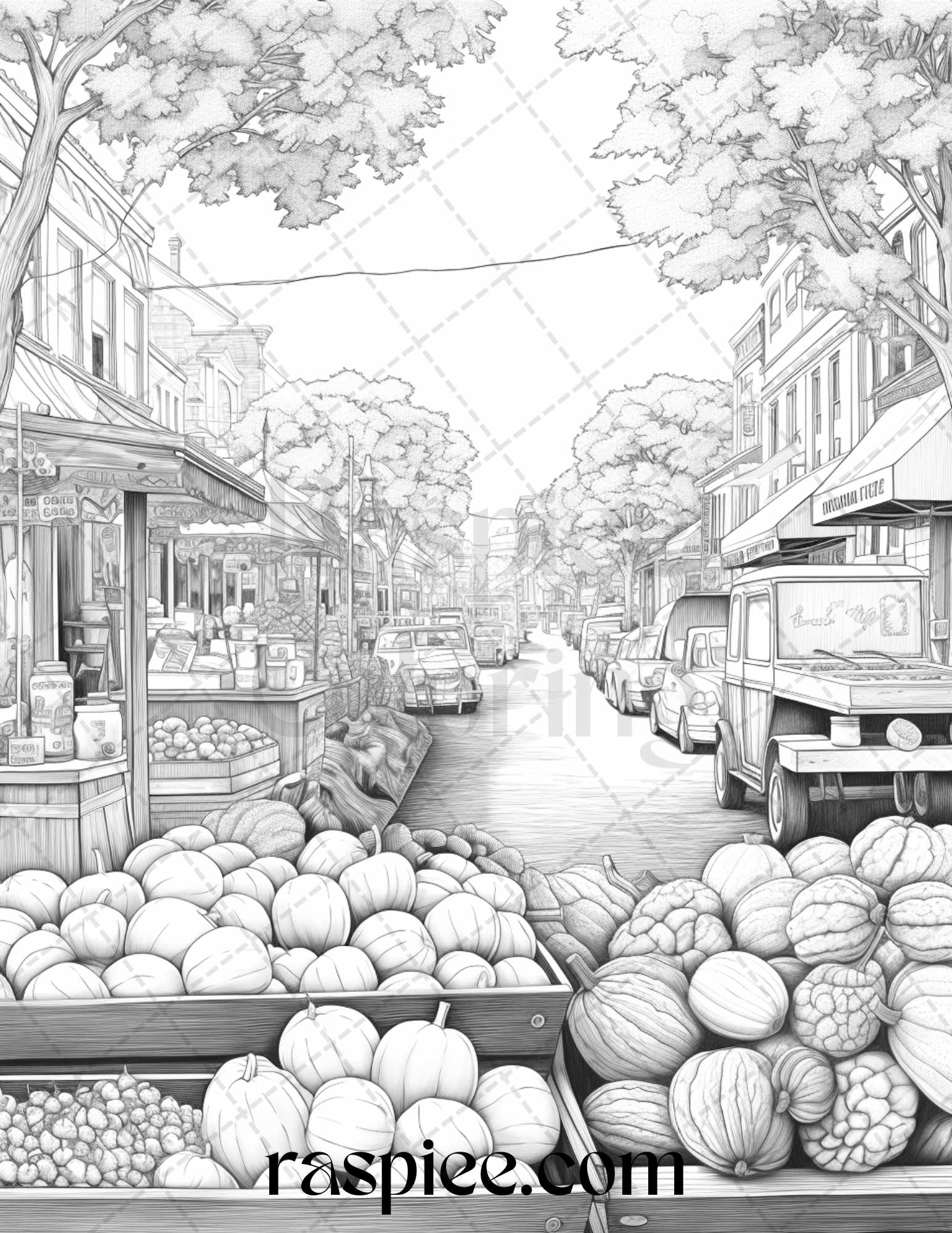 Autumn street markets grayscale coloring pages for adults printable p â coloring