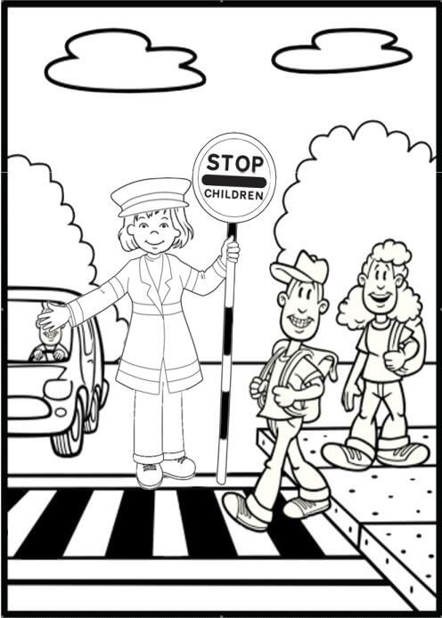 Students crossing the street coloring page