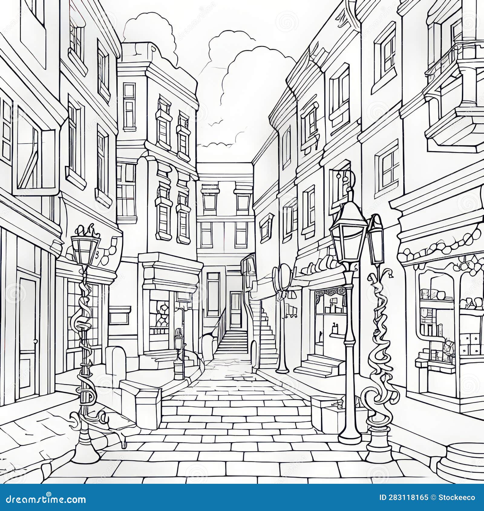 Detailed streetside map vector coloring page for adults stock illustration