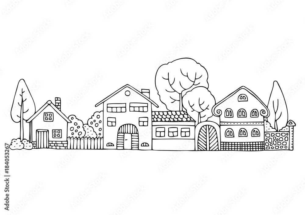 Street in the neighborhood hand drawn picture sketch for coloring book vector illustration for coloring page isolated on white background template for poster vector