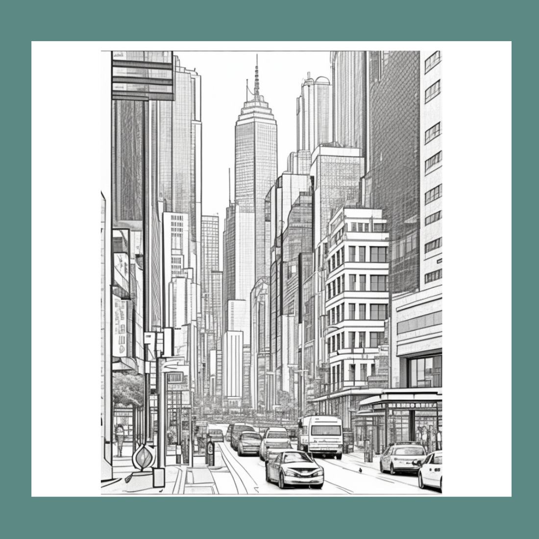 A cityscape with skyscrapers and a busy street scene coloring page