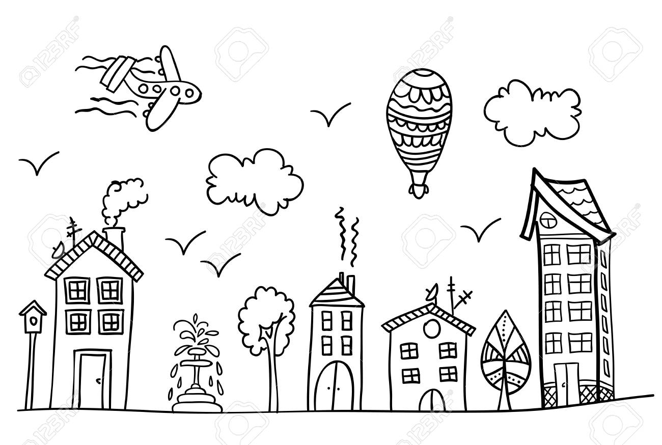 Sketch of town street coloring book page royalty free svg cliparts vectors and stock illustration image