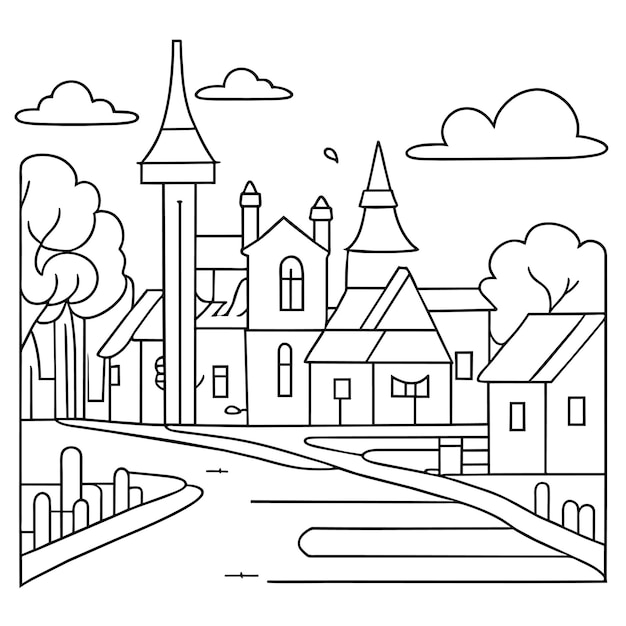 Premium vector coloring page town street cartoon illustration