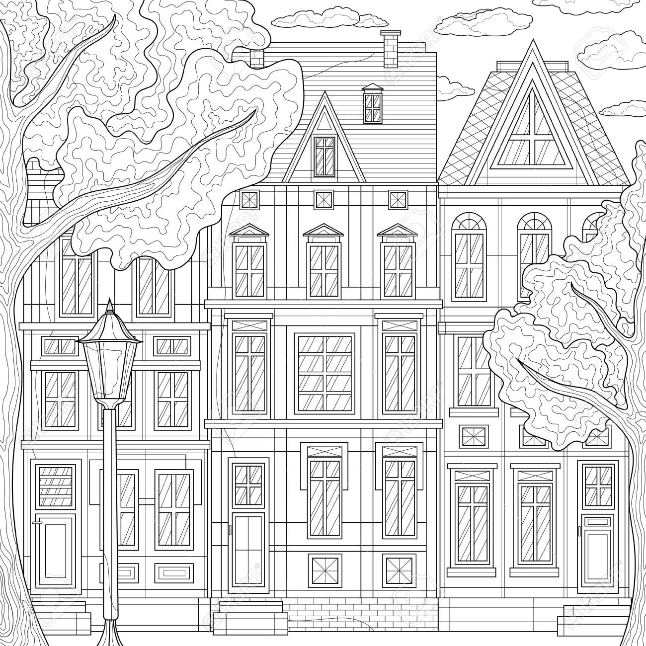 European street buildings and around treeshousecoloring book antistress for children and adults illustration isolated on white background black and white drawingoutline style royalty free svg cliparts vectors and stock illustration image